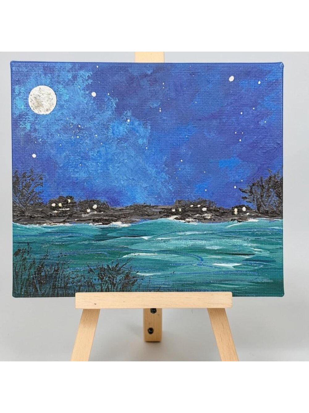 Super Moon 6" X 6" Acrylic Painting Signed Full Moon & Night Sky Art Unframed